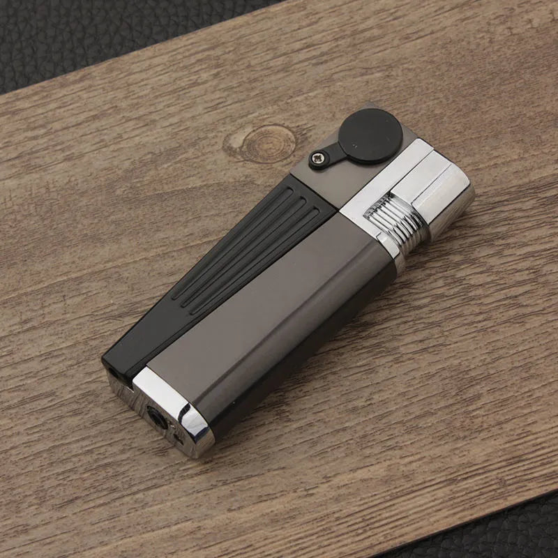 Foldable pipe lighter in No.1 silver square cover with metal flap closed, 9.2cm length, zinc alloy body