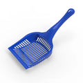 Red plastic cat litter scoop with handle next to a yellow and blue scoop, showing small and medium sizes.