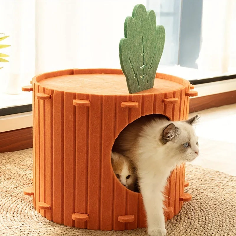 Carrot-shaped grey felt cat nest with a tunnel entrance, shown in two sizes for indoor cats.
