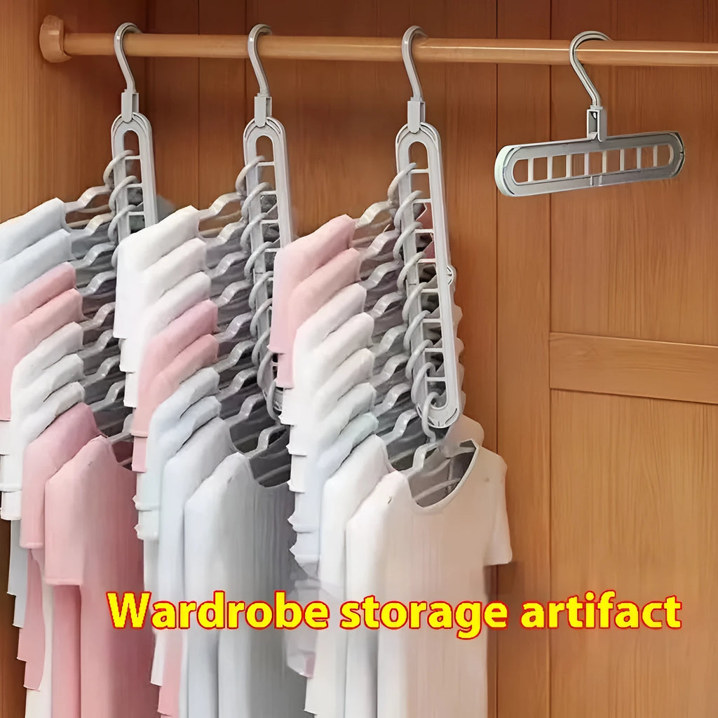 Green nine-hole plastic trouser hanger with folding design for wardrobe organisation