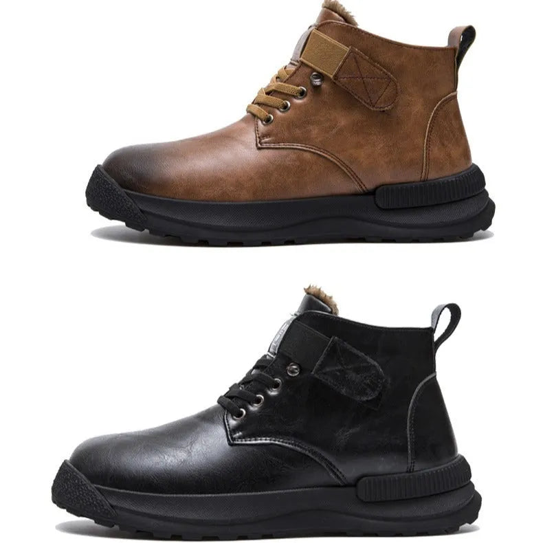 Men's black Martin platform boots with velvet upper and rubber sole on white background