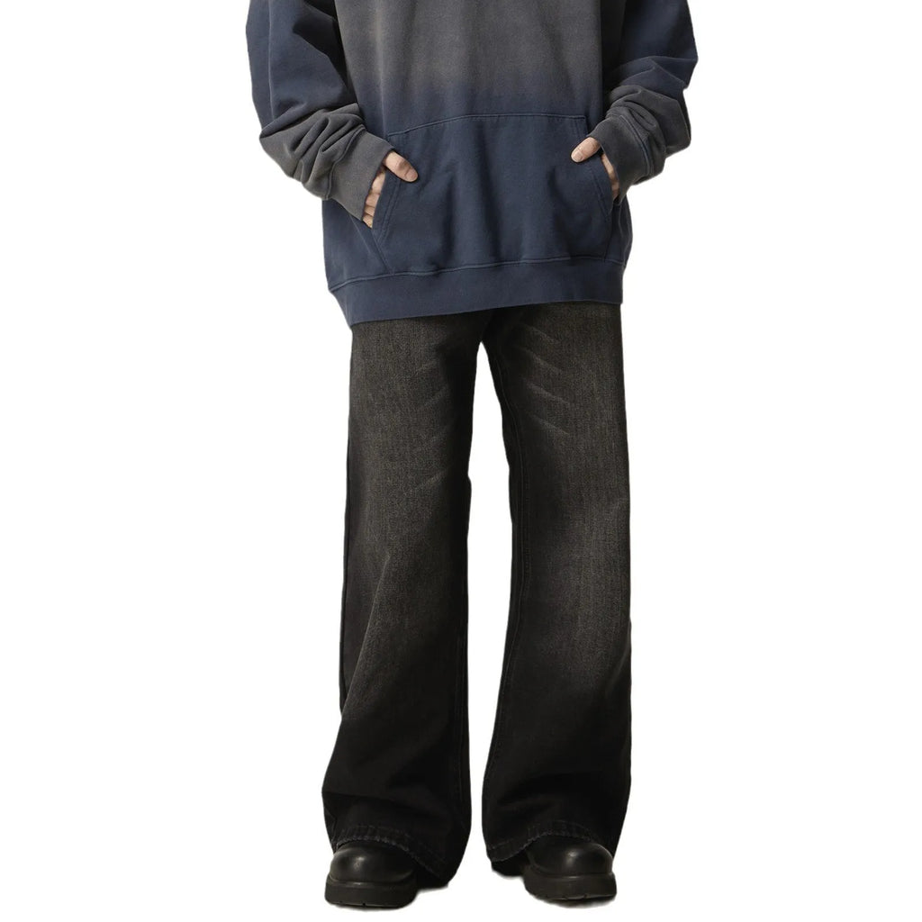 Black straight-leg jeans with American retro styling and zipper fly