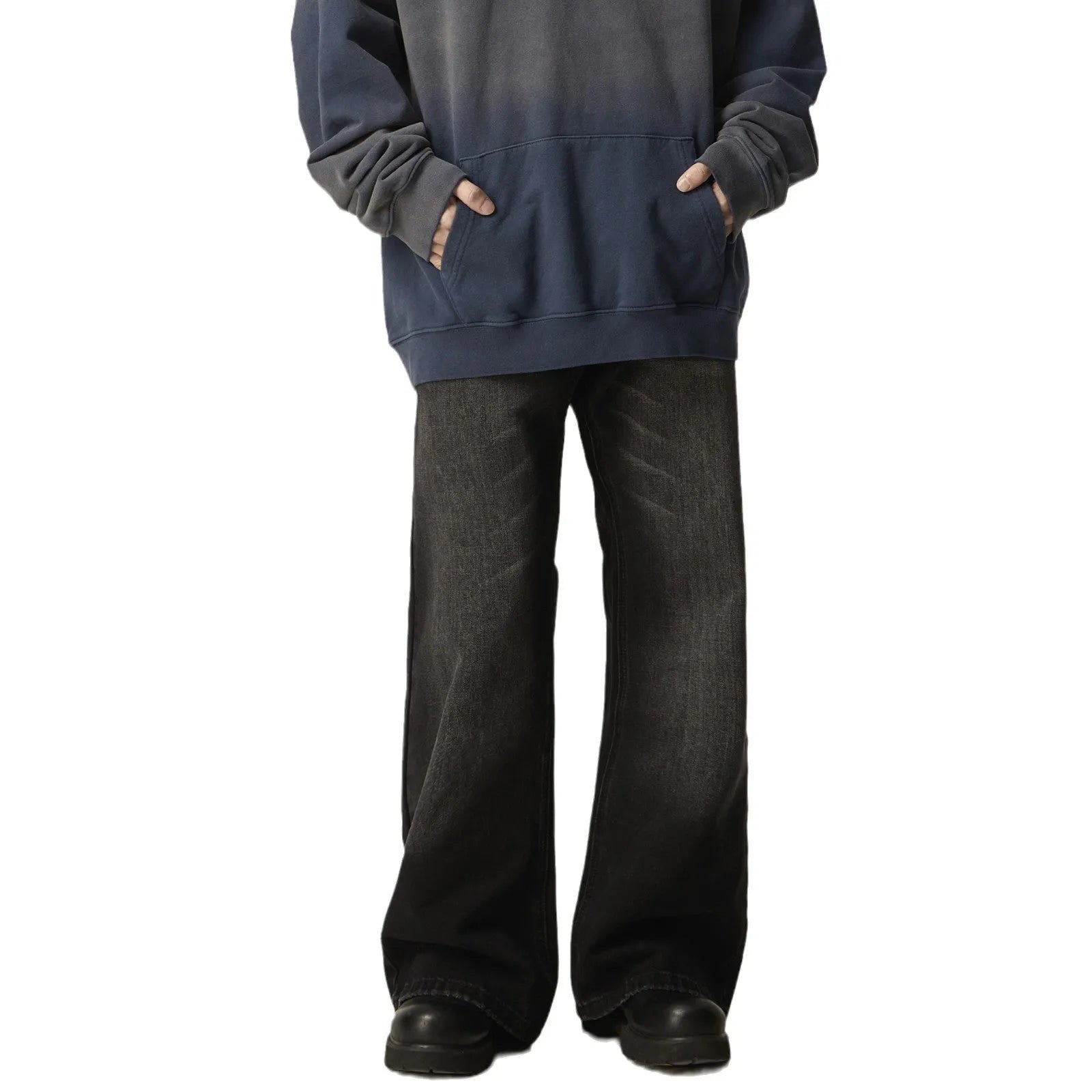 Black straight-leg jeans with American retro styling and zipper fly