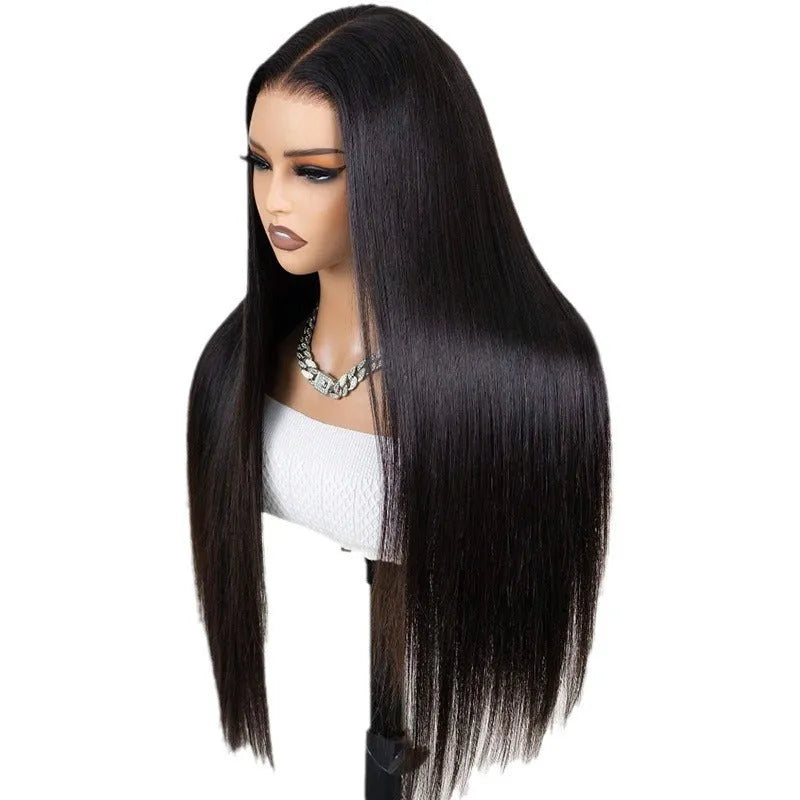Straight black human hair wig with 13x6 lace frontal closure showing natural hairline