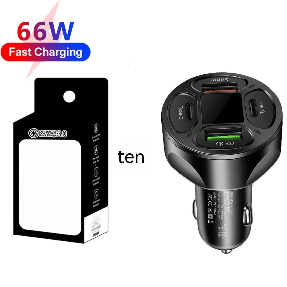 66W black digital display car charger with two USB ports and two Type-C ports