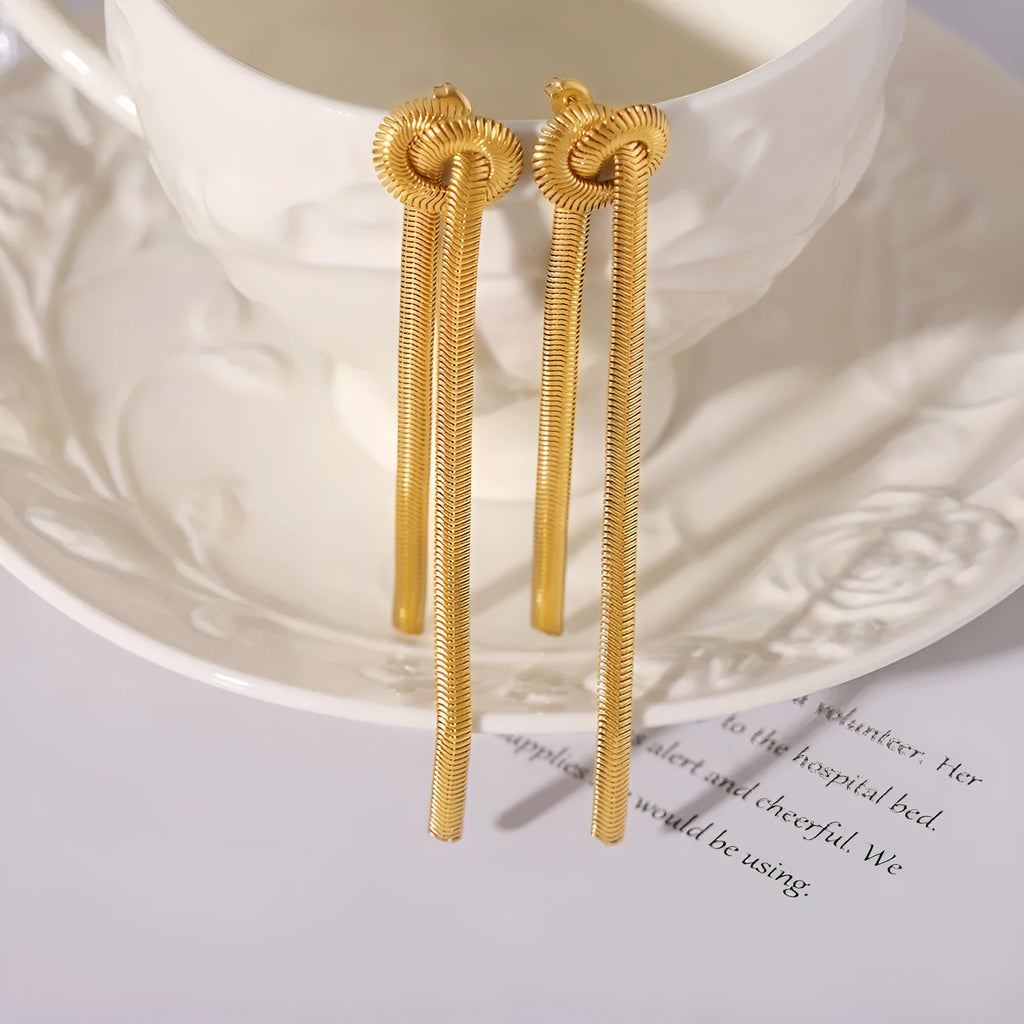 Gold knotted tassel pendant necklace with snake chain and matching earrings set