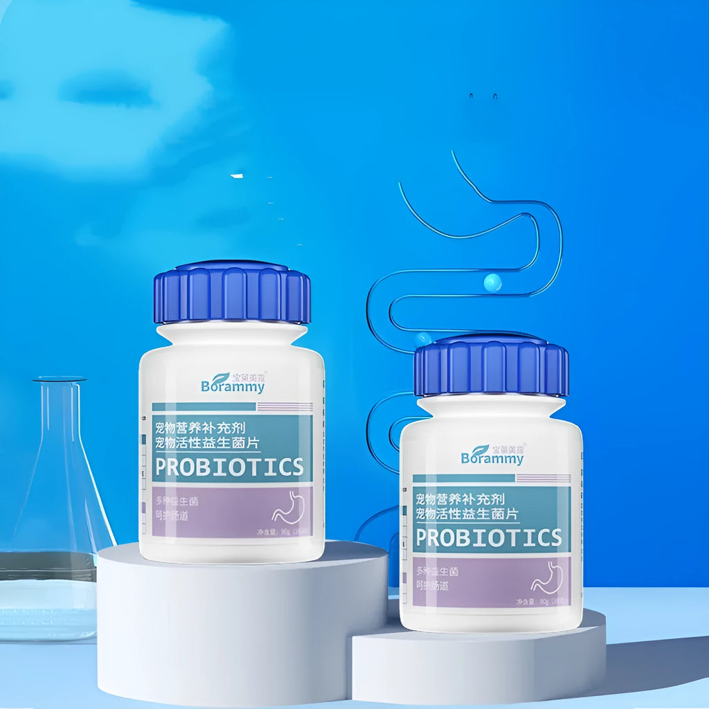 Bottle of pet probiotic tablets containing 180 tablets for animal digestive health support