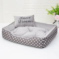 Polka dot printed small dog bed with matching embroidery pillow in grey, blue, pink, or red colour options