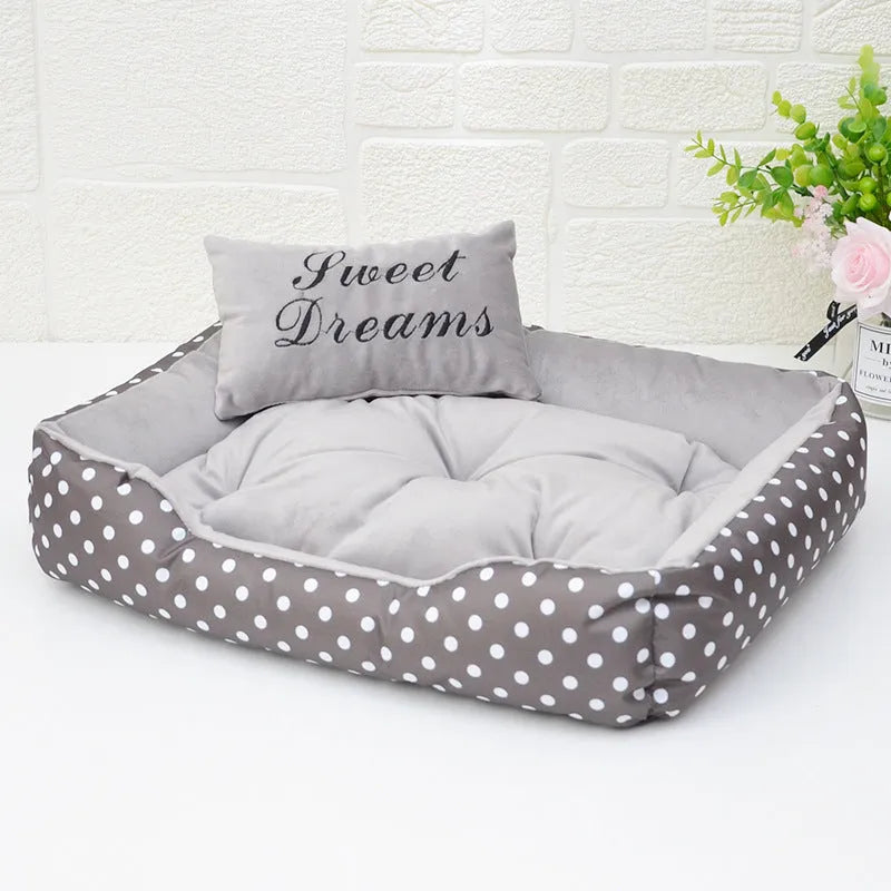 Polka dot printed small dog bed with matching embroidery pillow in grey, blue, pink, or red colour options