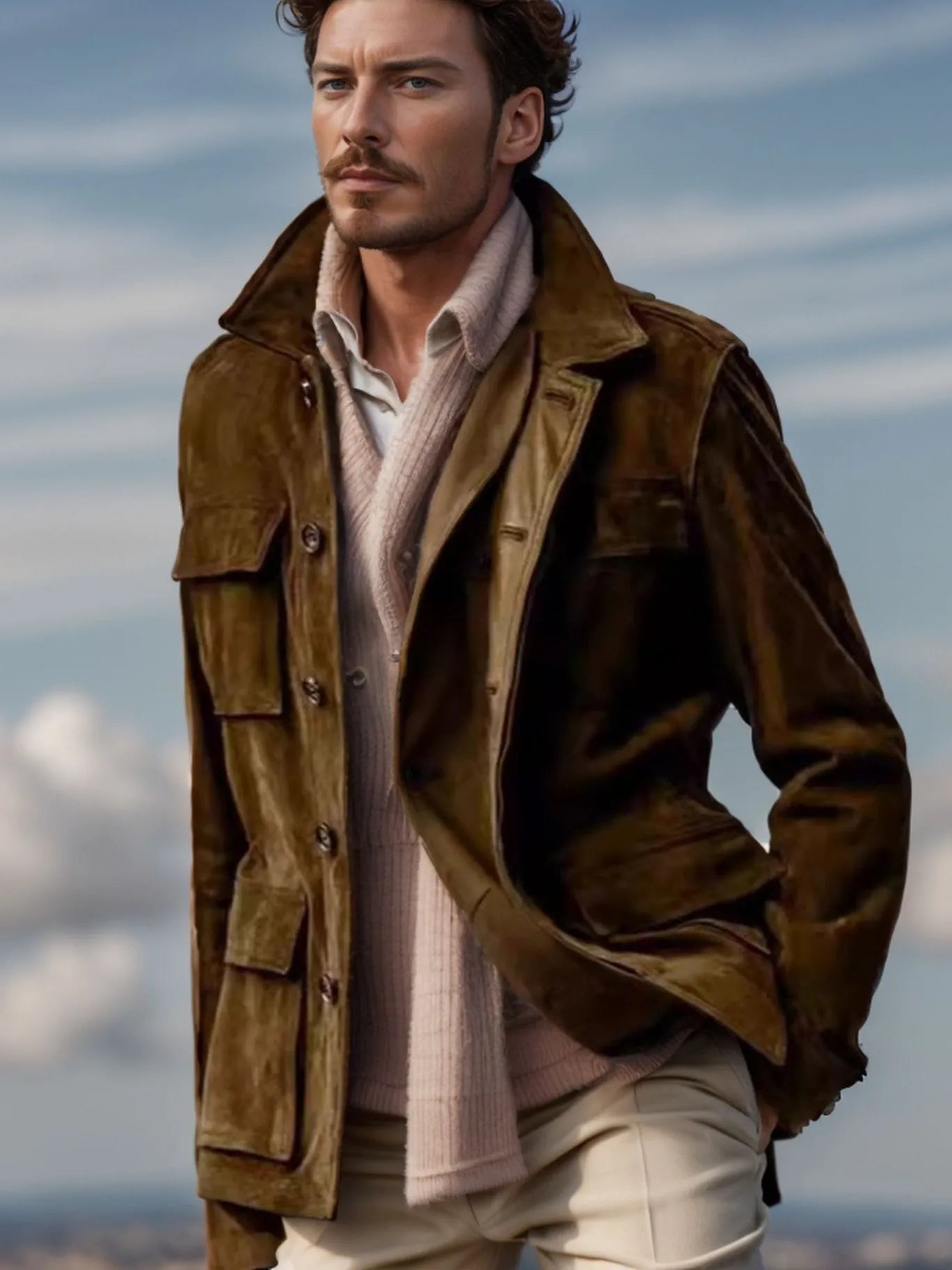 Men's cowhide casual trench coat with multiple pockets in solid colour, polyester blend fabric
