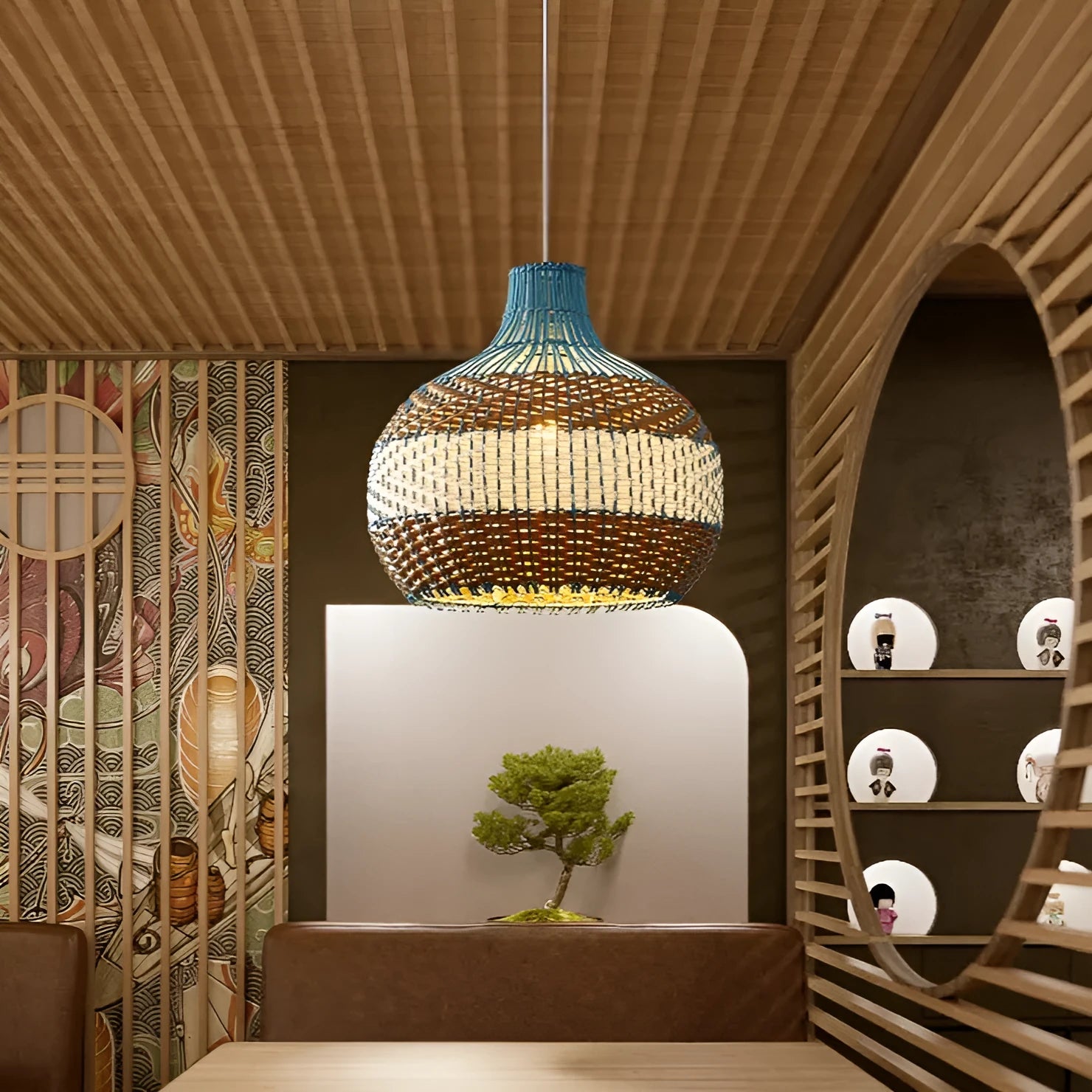 Vine woven pendant lamp with Southeast Asian design in natural materials