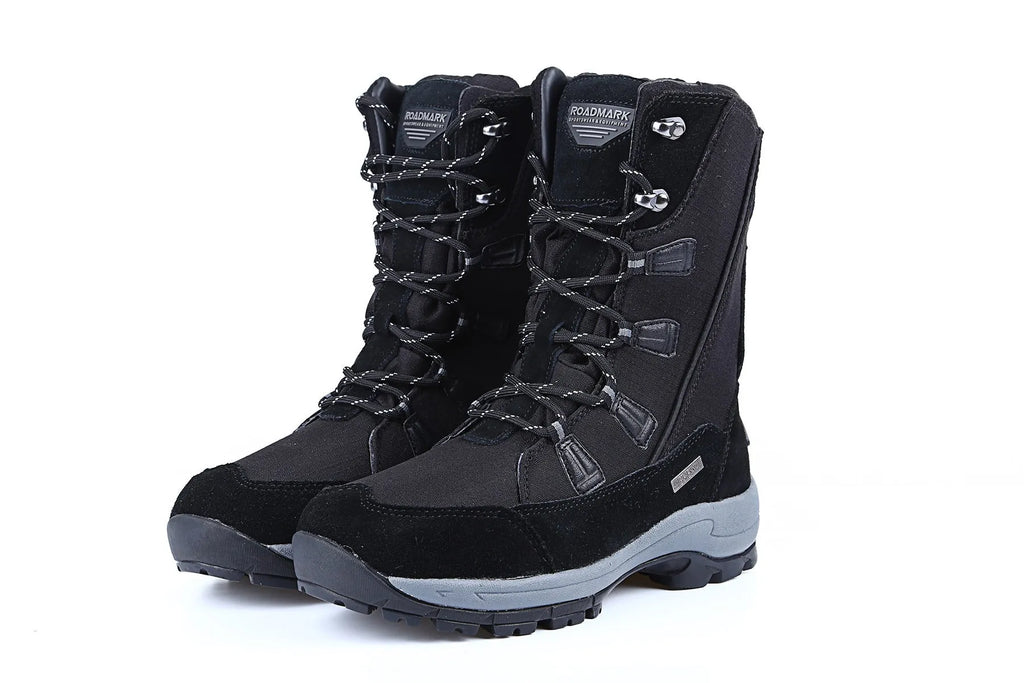 Women's black genuine leather mid-calf snow boots with round toe and rubber sole