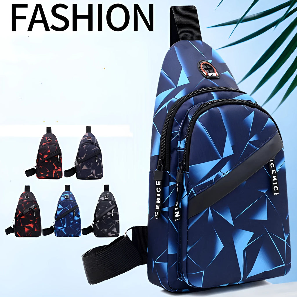 Men's blue Oxford cloth crossbody sling bag with an earphone hole and zipper, shown in a square vertical shape.