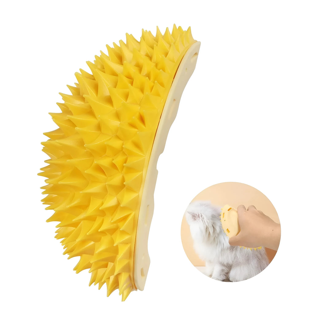 Yellow durian-shaped cat corner scratcher mounted on a wall with adhesive, includes catnip powder.