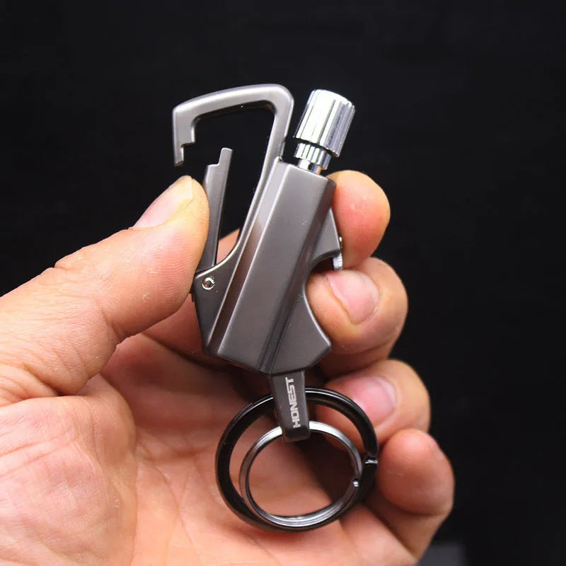 Creative metal keychain lighter with flint strike, bottle opener, and key ring in black nickel finish