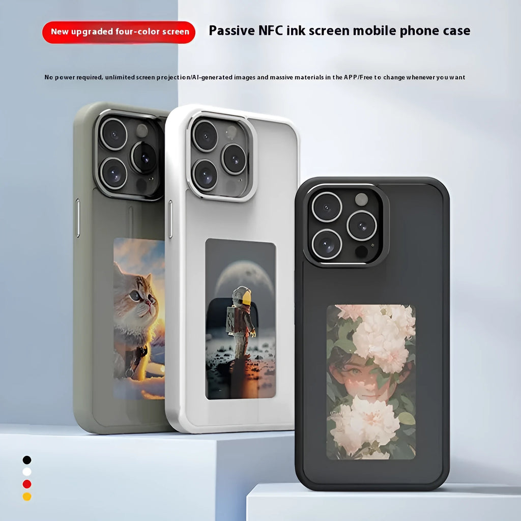 NFC projection screen four-color e-ink bracket phone case for iPhone in graphite black with custom display