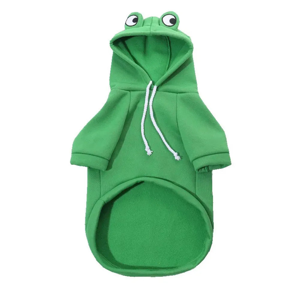 Green frog hoodie for small dogs and cats, lying on surface with front view