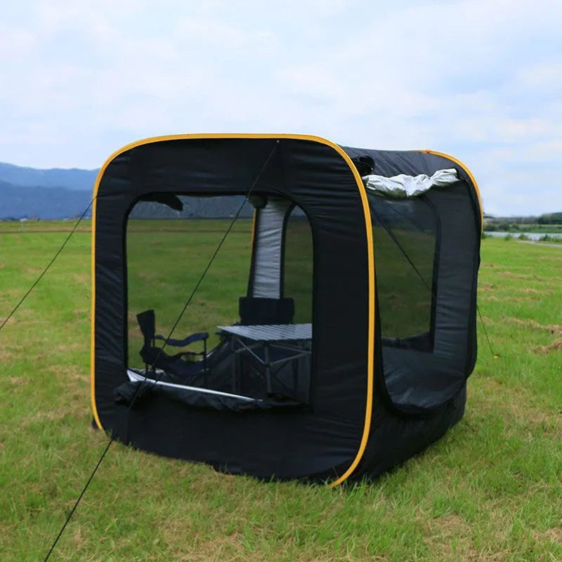 Pop-up outdoor camping car tail tent in black, unfolded to 200x200x200cm with steel frame and Oxford cloth body