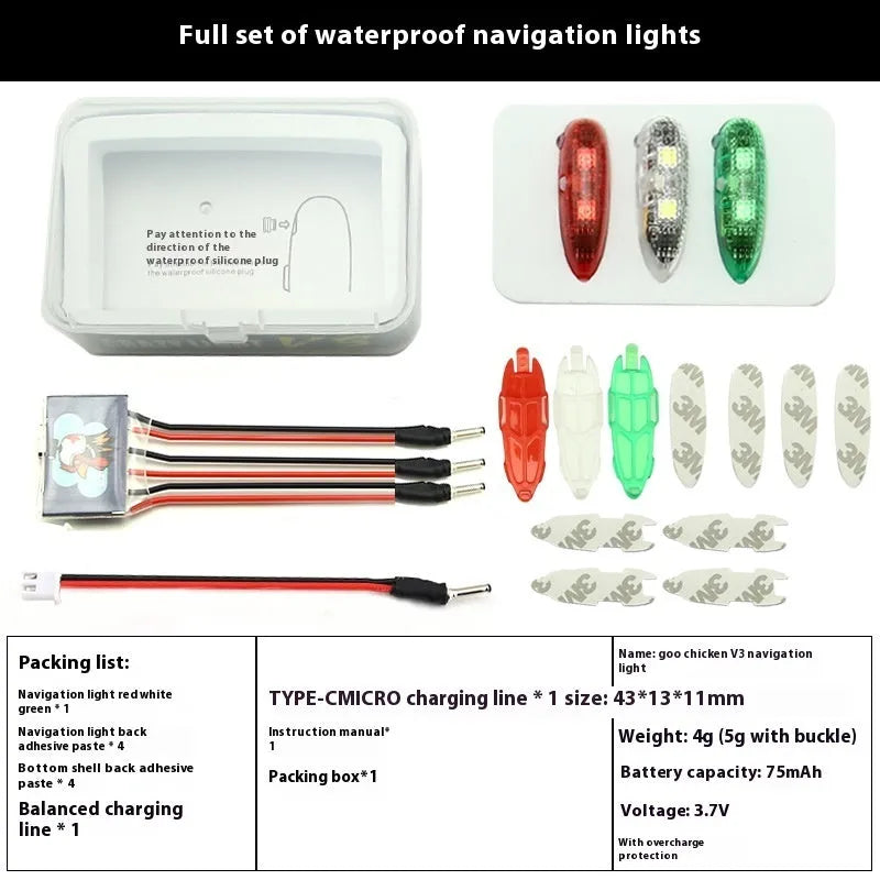 V3 wireless charging navigation light for RC models showing compact size and multiple colour options