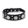 Cute PU leather dog collar with rhinestone flower pattern studs and metal D-ring in black, blue, pink, or red.