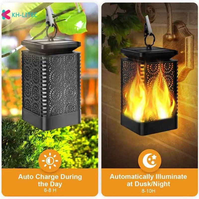 Set of four black solar-powered garden lanterns with flickering flame LED effect