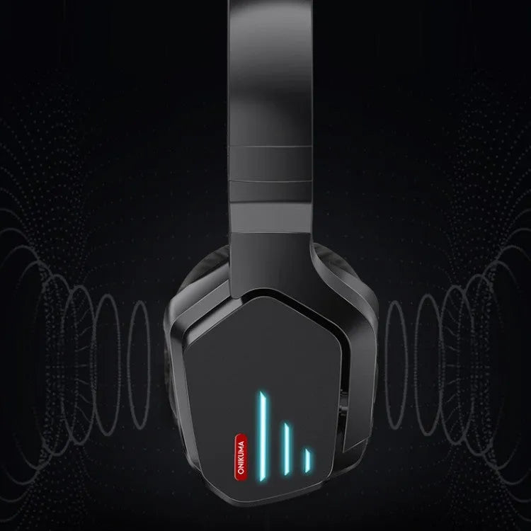 Luminous black wireless gaming headphones with head-mounted design showing ear cushions and adjustable headband