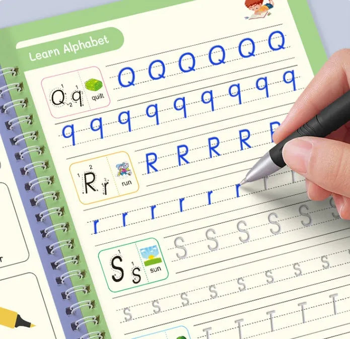 Children's groove magic practice book for English calligraphy with double-sided notched pages and ten pen refills