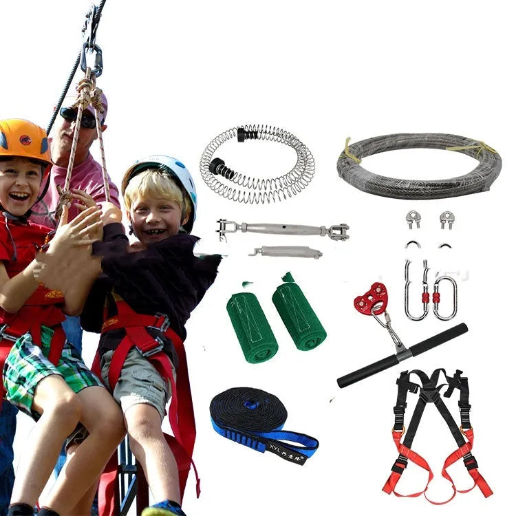 Ziptreck 10 metre children's outdoor pulley slide rope set with handle and metal components.