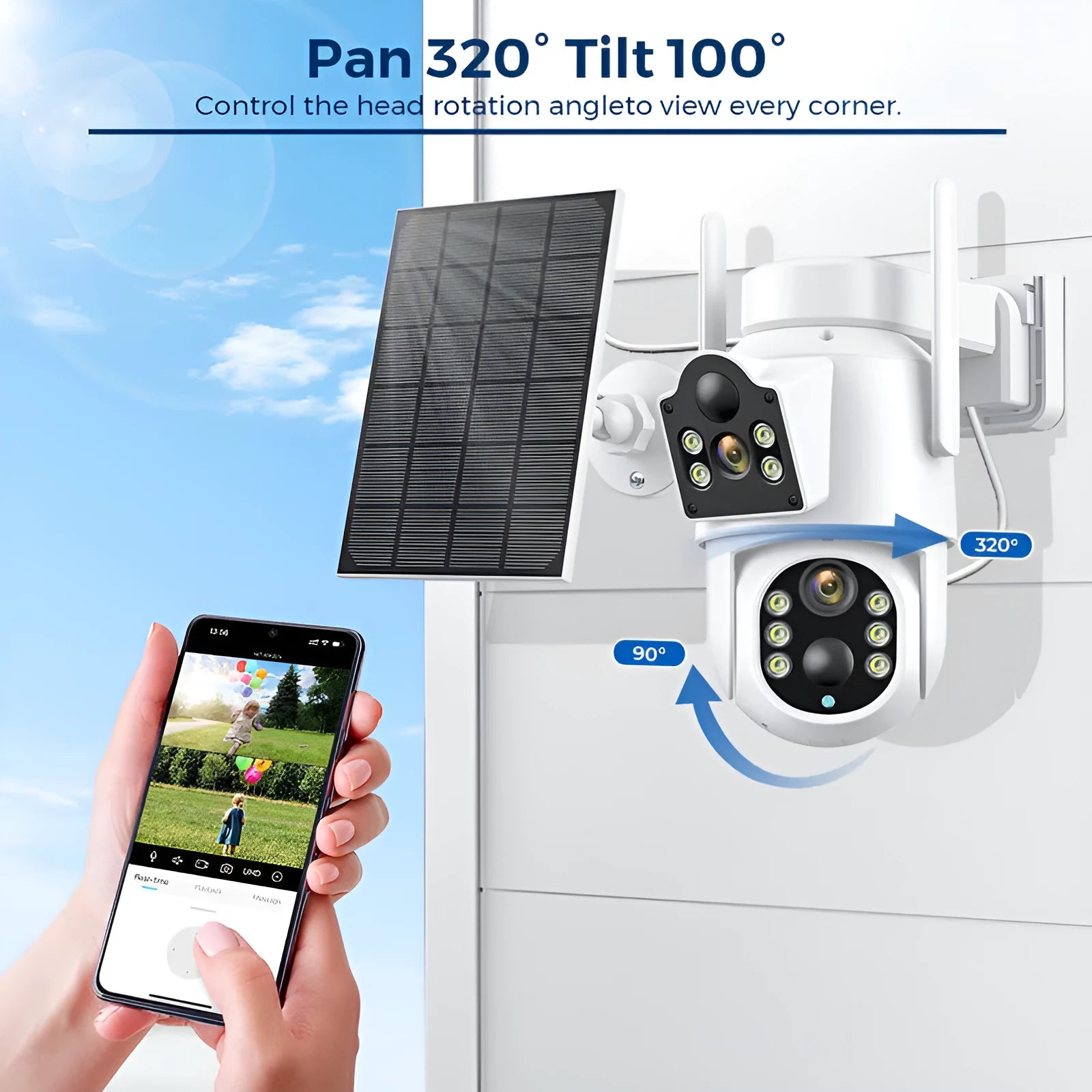 Outdoor solar wireless security camera with solar panel on white background