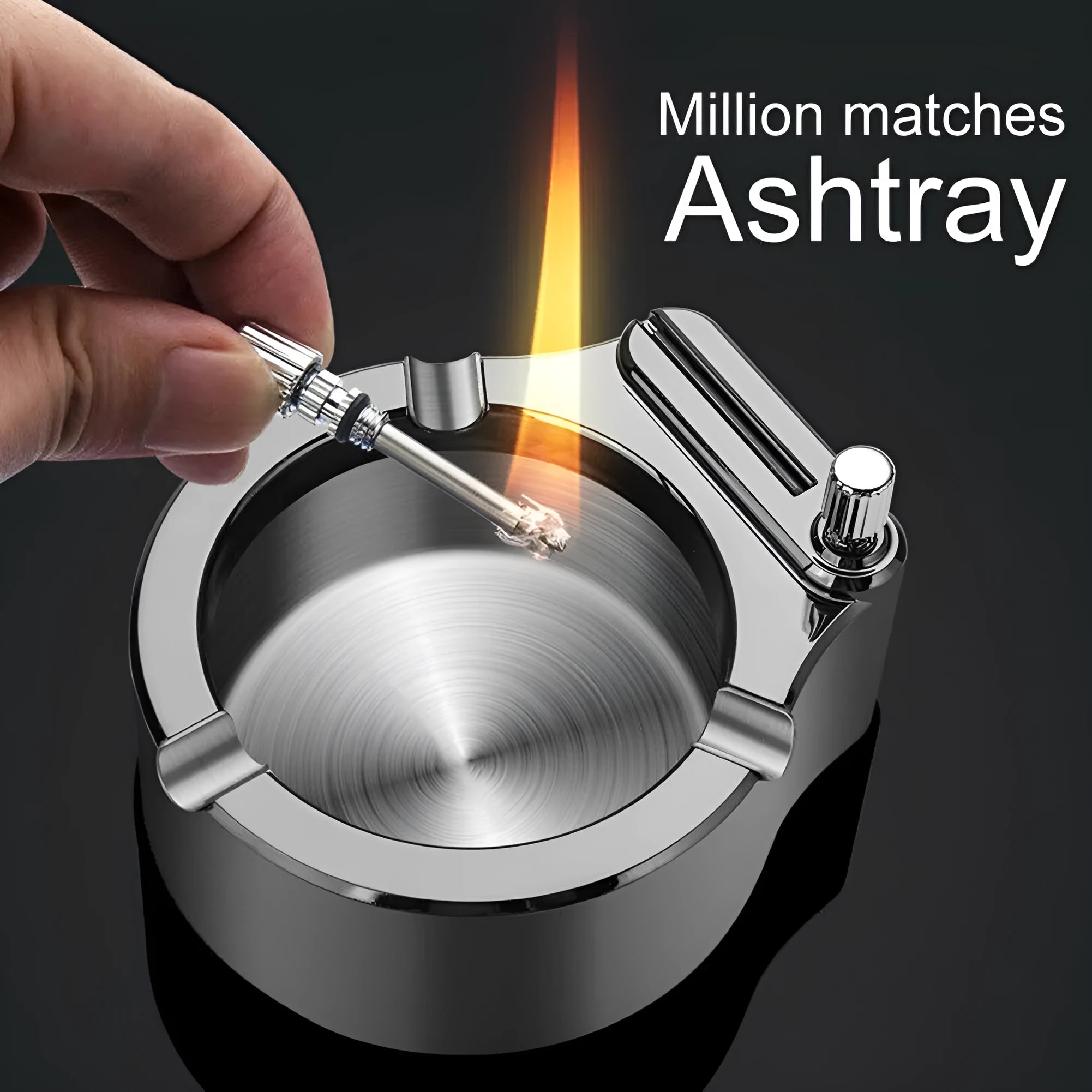 Large metal ashtray with permanent match lighter, three cigarette slots, blue finish