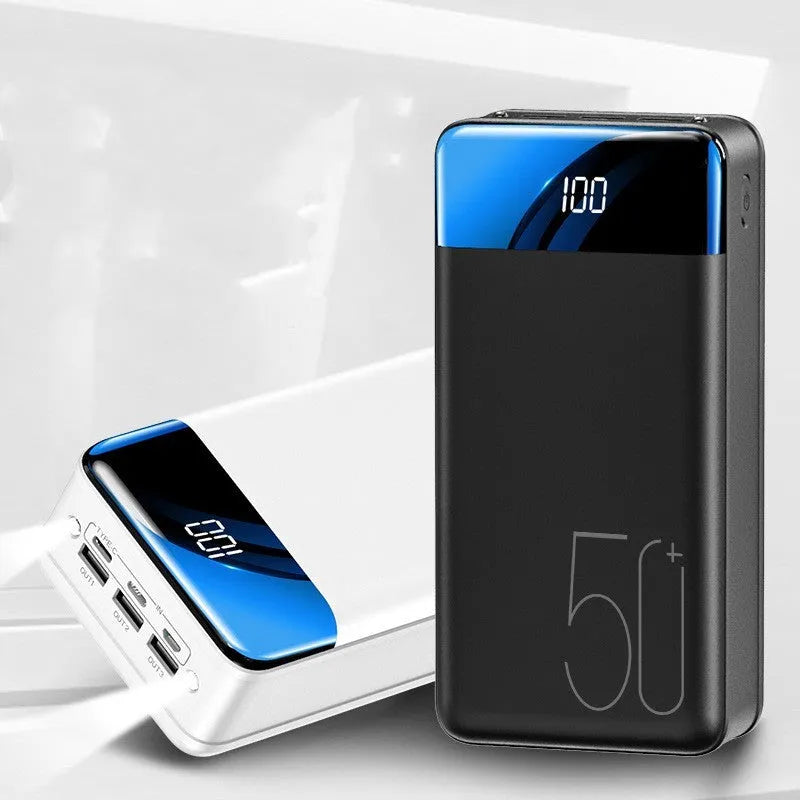 50000mAh power bank with three USB ports in black or white plastic casing