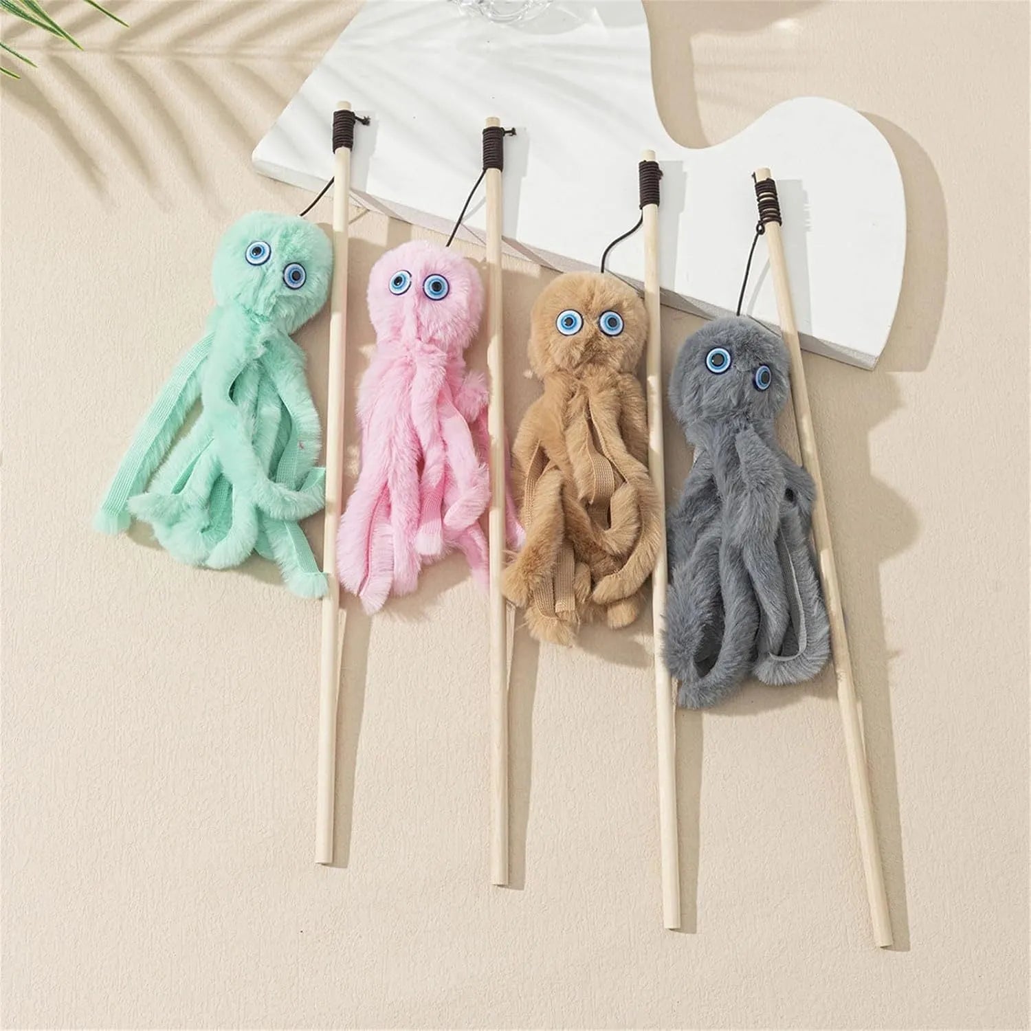 Furry octopus cat toy with eyes on 40cm flexible wand in choice of colours