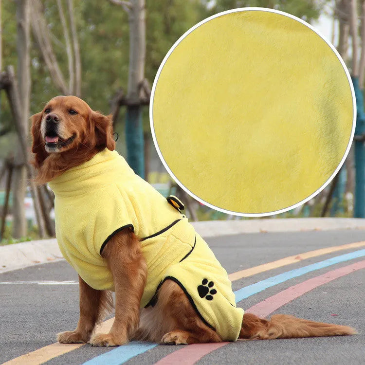 Yellow coral fleece embroidered bathrobe-style pajamas for a dog, sizes XS to 2XL