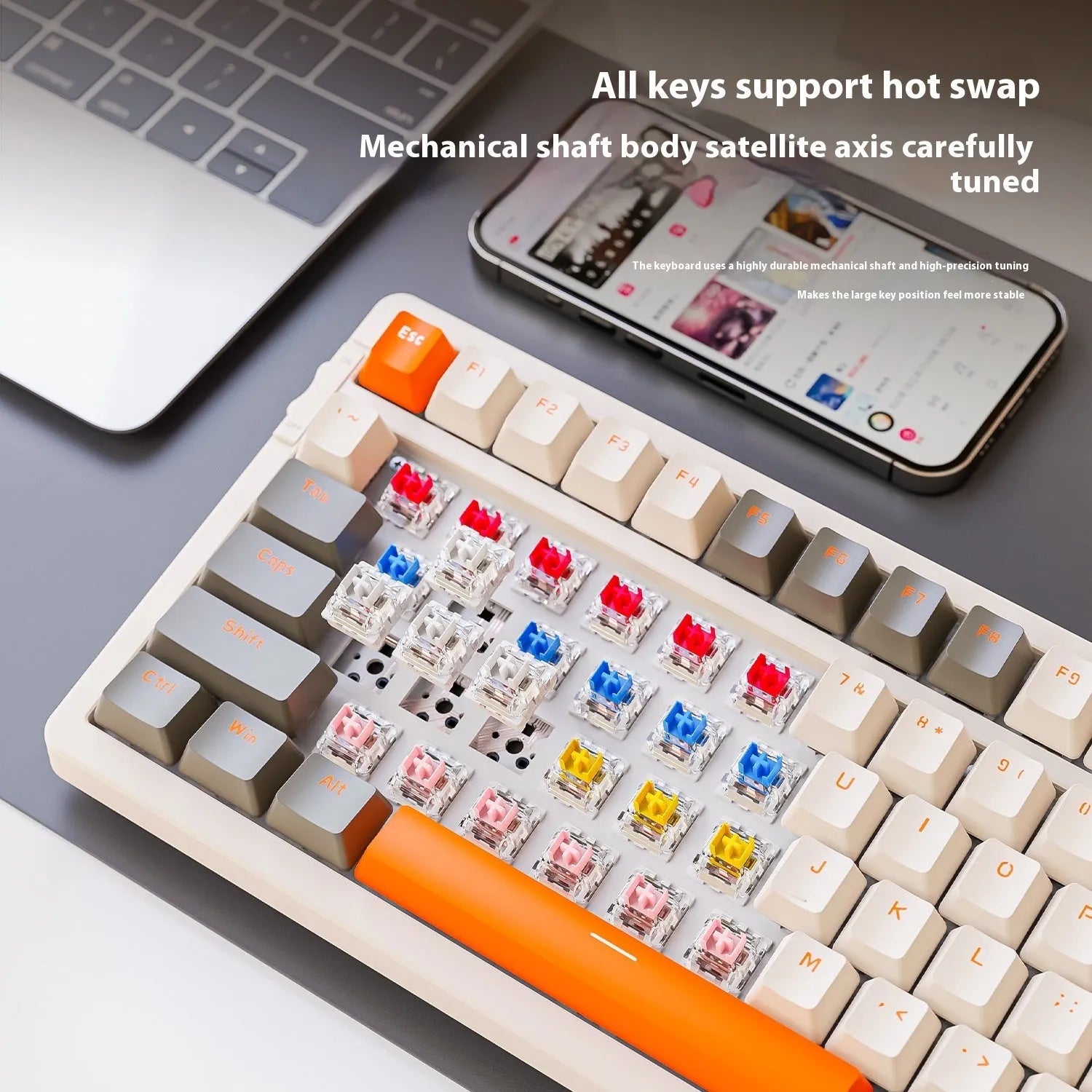 Bluetooth wireless mechanical keyboard with compact 39cm width and hot-swappable red linear switches