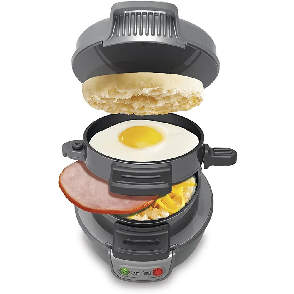 Bright red breakfast sandwich maker machine with egg cooker ring and waffle function
