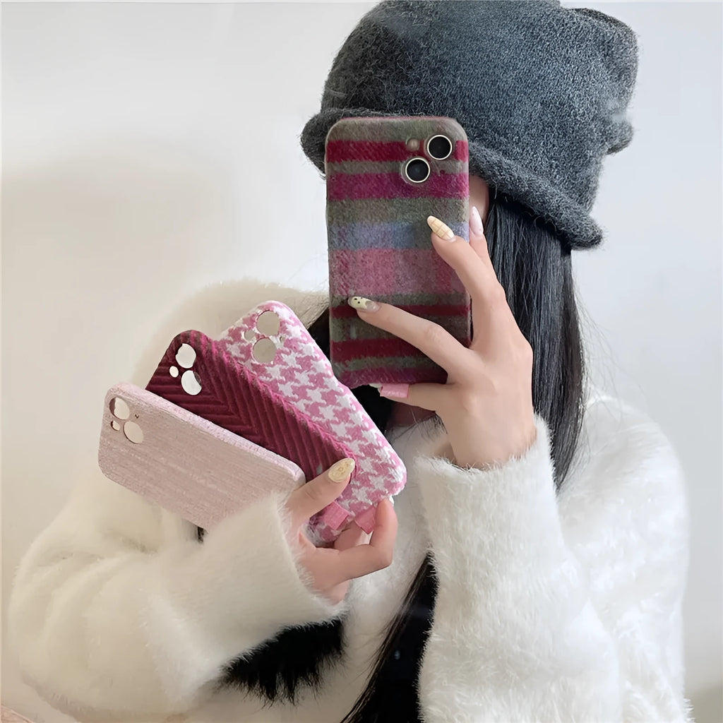 Ins Houndstooth drop-resistant TPU phone case for iPhone, pitaya herringbone pattern back cover