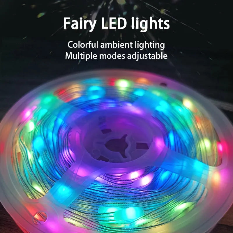 Colourful LED light string with 100 bulbs on a 10-metre wire, showing battery pack and multiple mode settings.