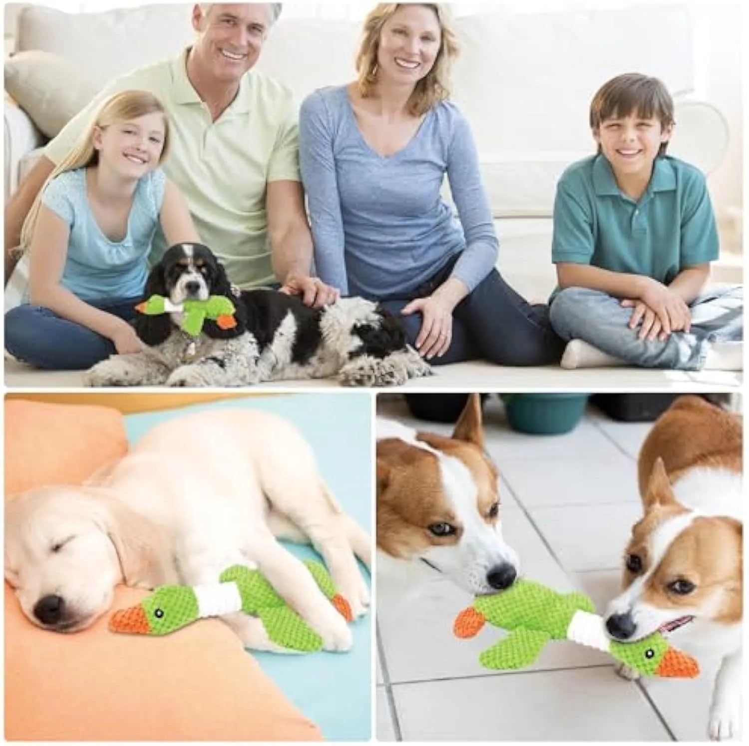 Blue duck-shaped plush dog toy with squeakers measuring 33cm long