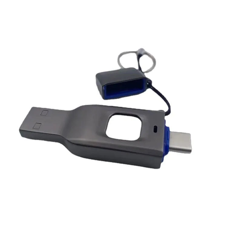 Black fingerprint encrypted USB flash drive showing both USB and USB-C connectors
