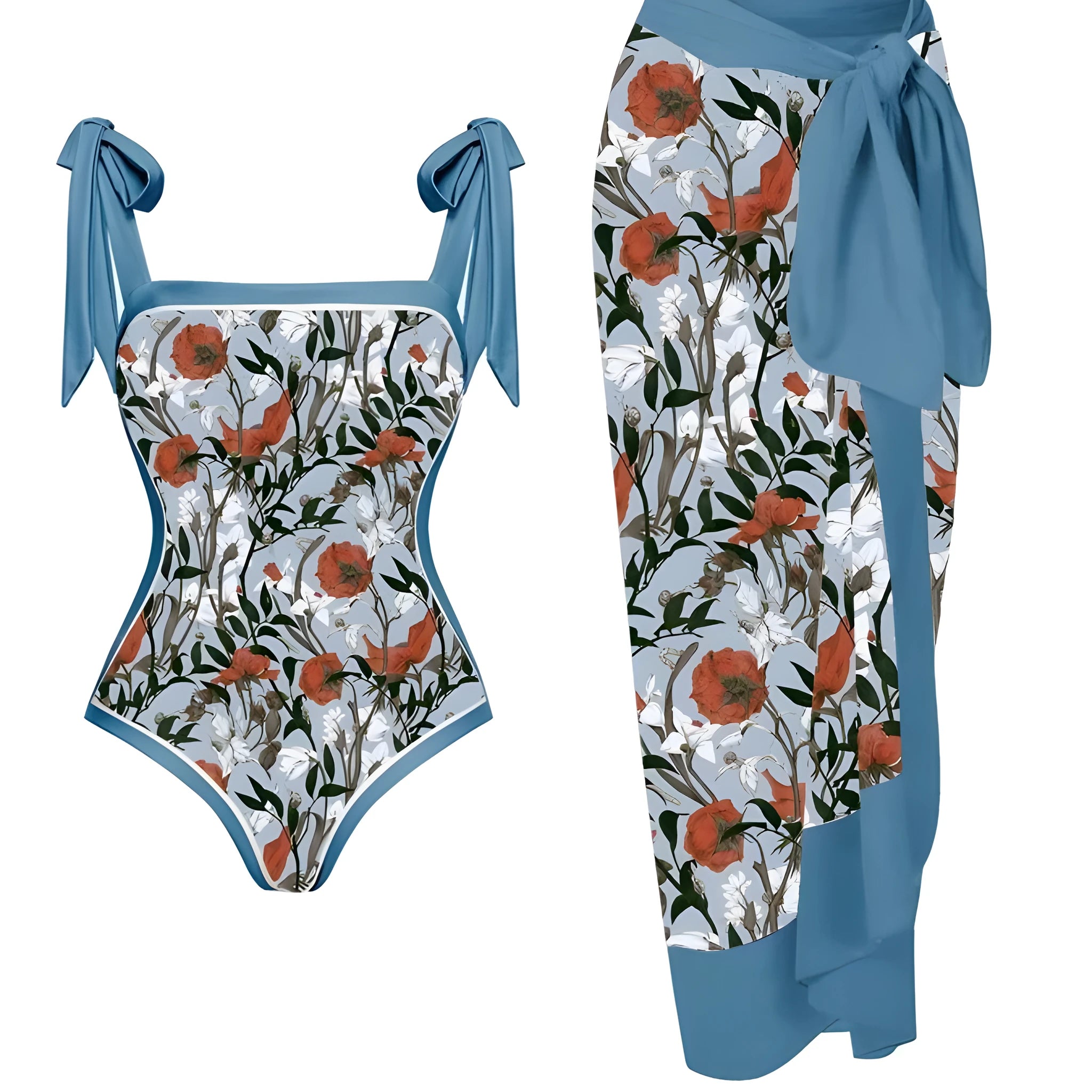 Women's printed two-piece swimsuit with a flowy chiffon skirt in a floral pattern design.
