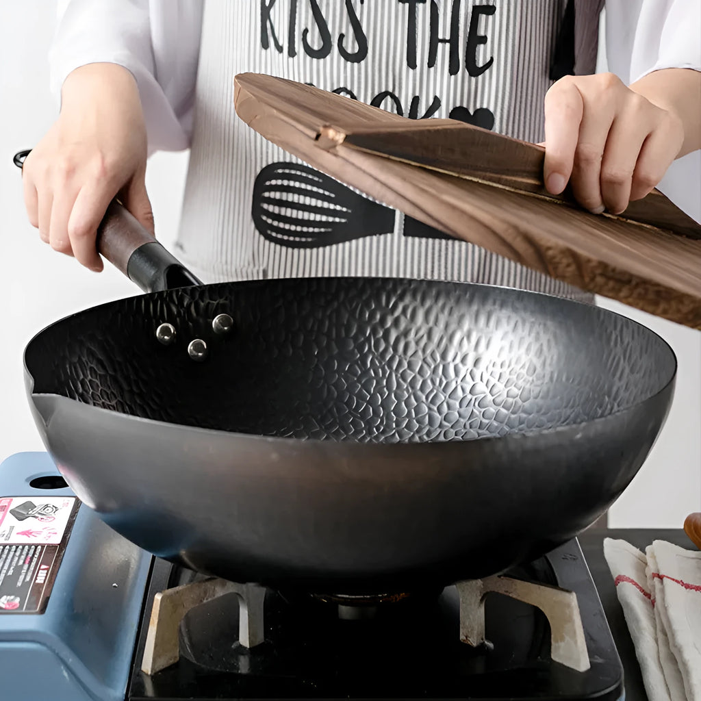 Traditional black iron wok with wooden handle, 40cm diameter