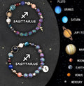 Two natural stone beaded bracelets with elastic cord, showing zodiac sign designs.