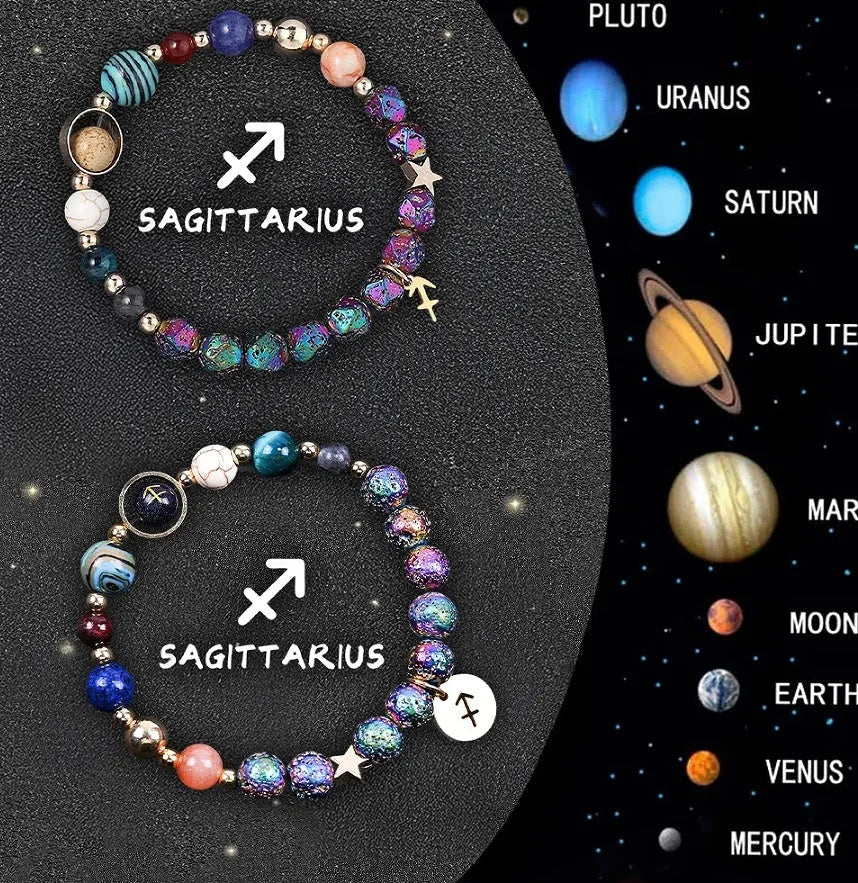 Two natural stone beaded bracelets with elastic cord, showing zodiac sign designs.