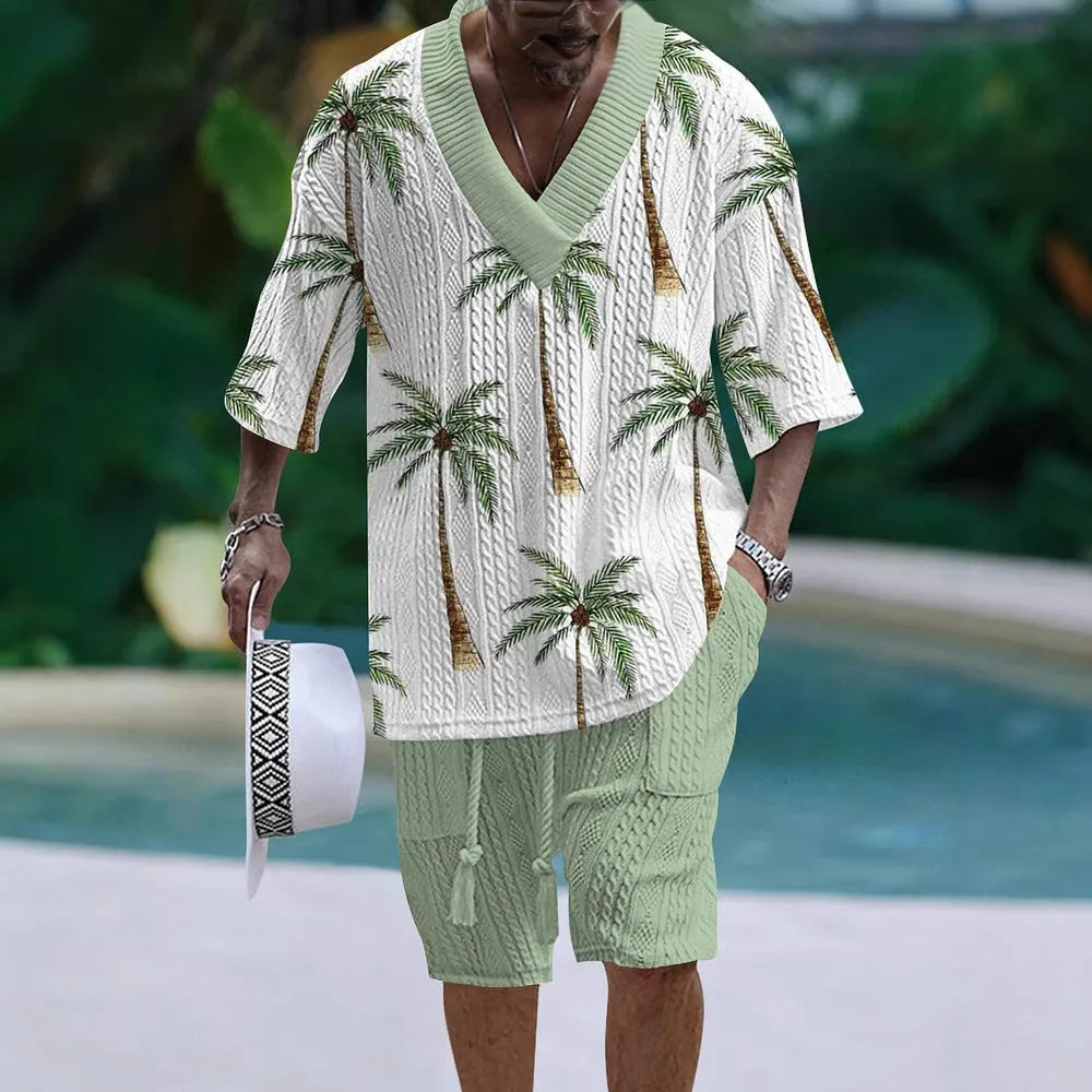 Men's loose casual short sleeve suit with matching shorts in polyester fibre