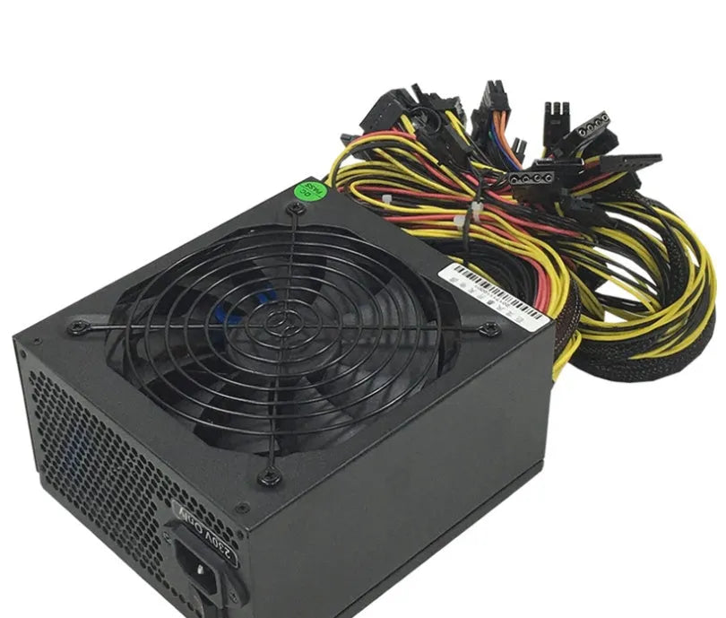 Black server power supply unit with multiple cable connectors including twelve 6+2 pin graphics card interfaces