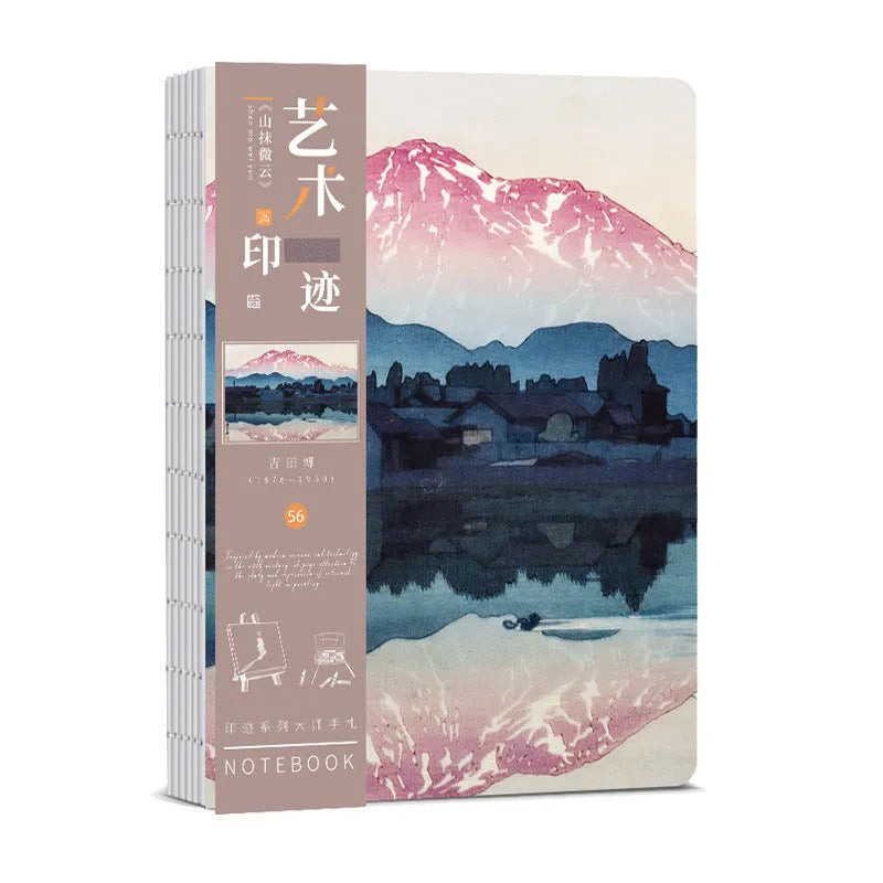 Ukiyo-e series hand ledger notebook with Kanagawa surfing village cover, 13.2 x 18.3 cm, open to show 100g Daolin paper.