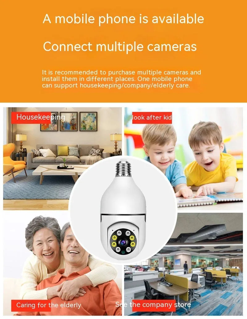Wireless bulb security camera with compact 5cm by 12cm size and dual-band connectivity for indoor outdoor use