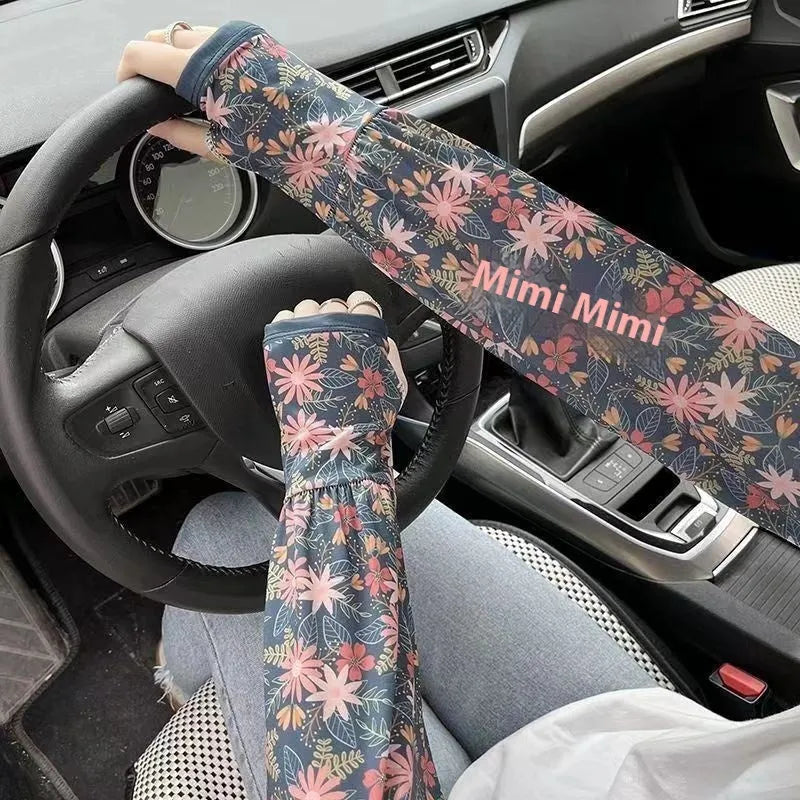 Printed viscose ice sleeve gloves for UV protection in floral patterns and solid colours with elbow coverage