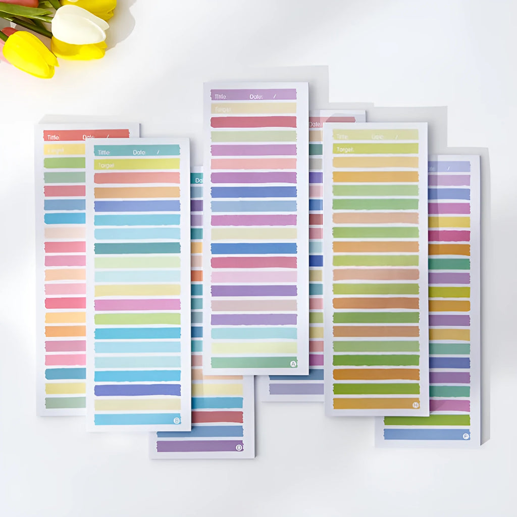 Super long cartoon sticky note pad in plastic storage box showing multiple colour options