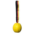 A floating EVA foam dog tetherball with a string attached, shown in camouflage colour next to a yellow one.
